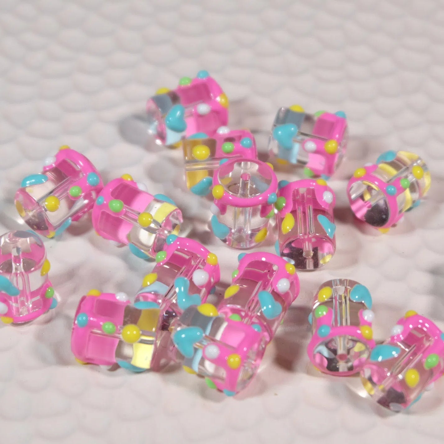Painted Heart Pattern Cylindrical Glass Beads 11x13mm Hand Painted 10pcs 10