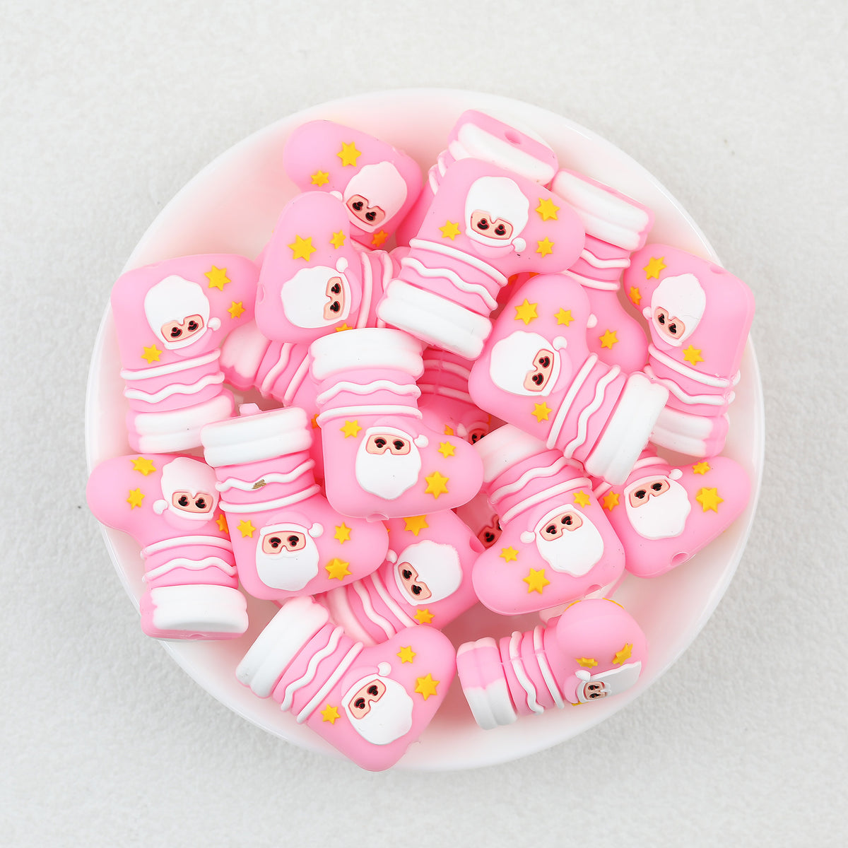 Pink Santa Stocking 3D silicone focal beads Wholesale, Christmas Yellow Stars Design