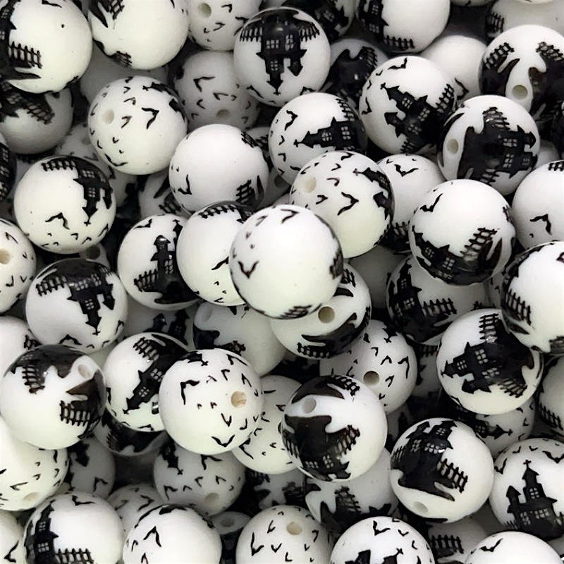 15mm Silicone Beads Black Halloween Haunted House Printed 50pcs