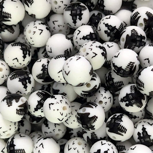 15mm Silicone Beads Black Halloween Haunted House Printed 50pcs