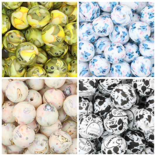 15mm Printed Silicone Beads Cartoon Character Designs 50pcs