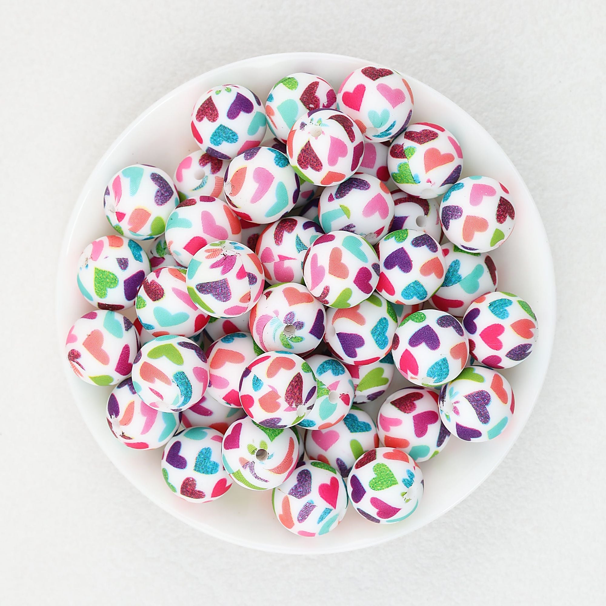 15mm Printed Cartoon Pattern Silicone Round Beads 50pcs - Hearts