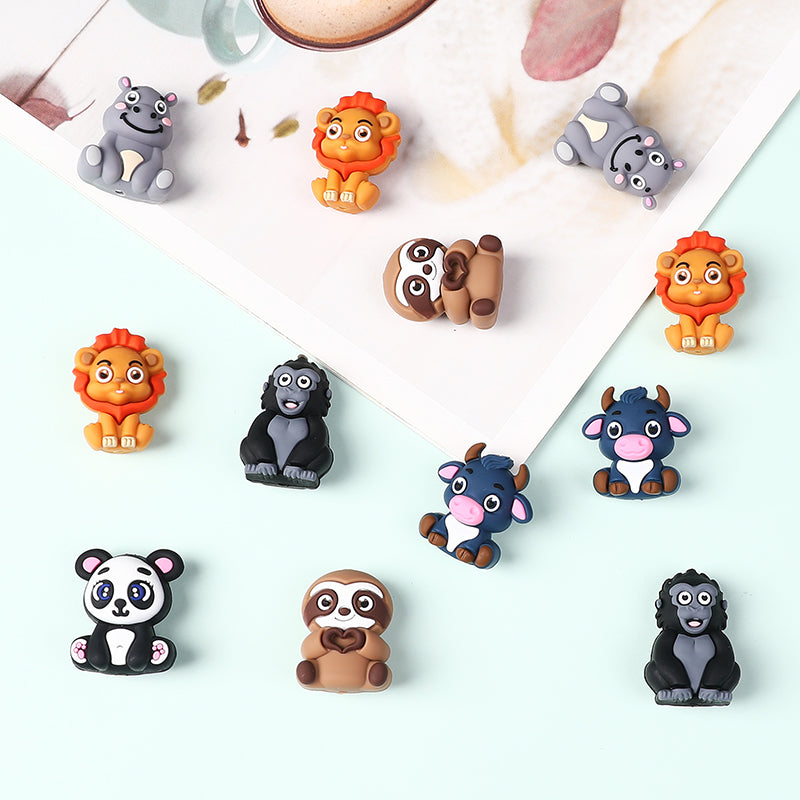 Silicone 3D Focal Beads Animal Panda Lion Sloth Hippopotamus Cow Sitting Pose 20Pcs 4