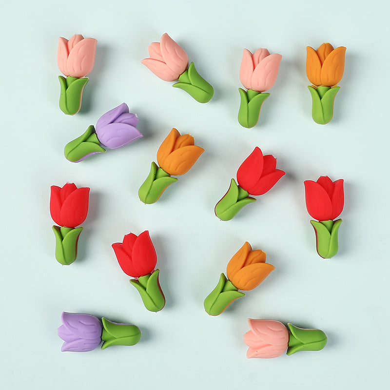Silicone 3D Focal Beads Tulip Detailed Petals Vibrant Colors 20pcs 2