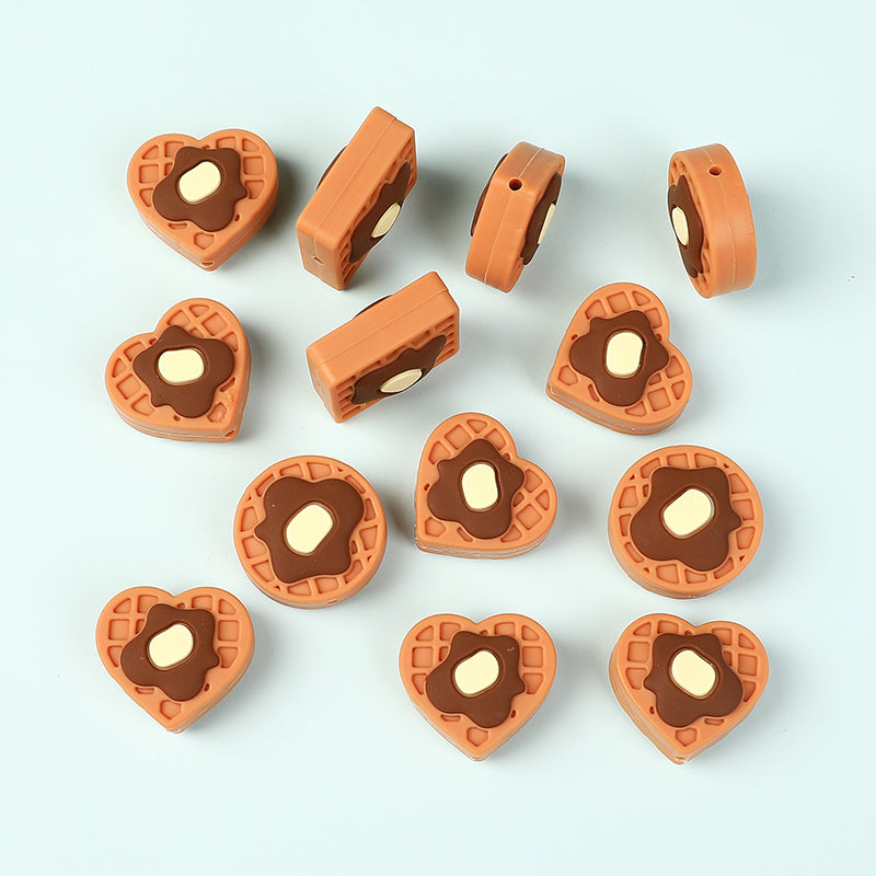 Silicone Focal Beads Vanilla Flavored Waffles Round and Heart Shapes 20pcs