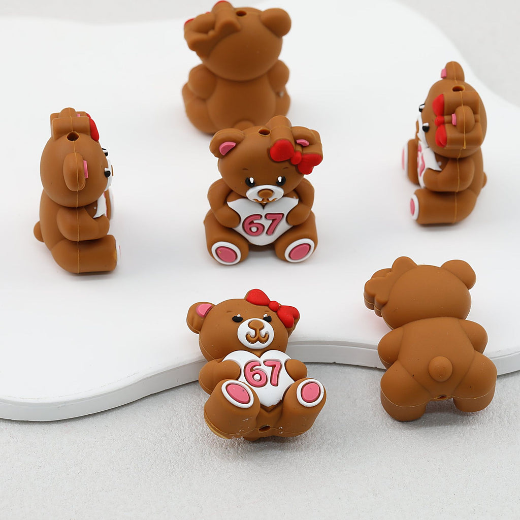 3D Bear Silicone Focal Beads with Number 67 Design Brown 20pcs