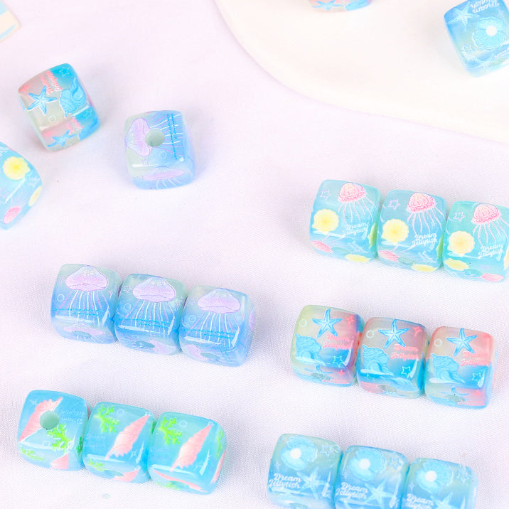 Jelly Texture Square Acrylic Beads 14mm Marine Series 10pcs
