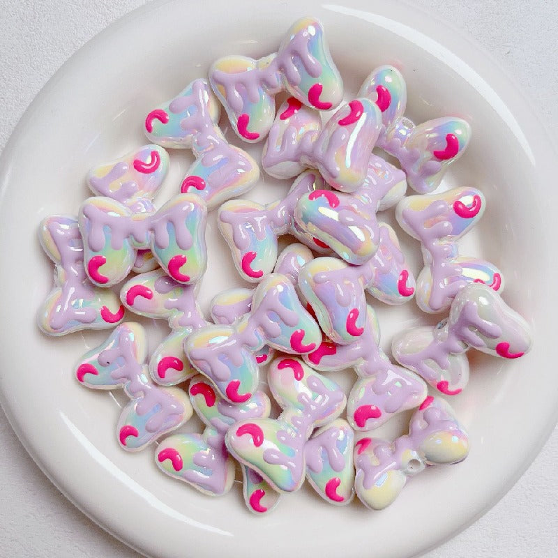 Hand-Painted Bow Heart Acrylic Beads 21×29mm Glossy Pastel 5pcs 5