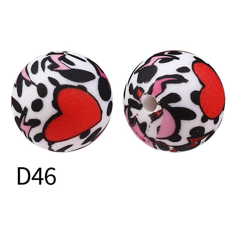 50Pcs 15mm Colored pattern printed silicone beads 48