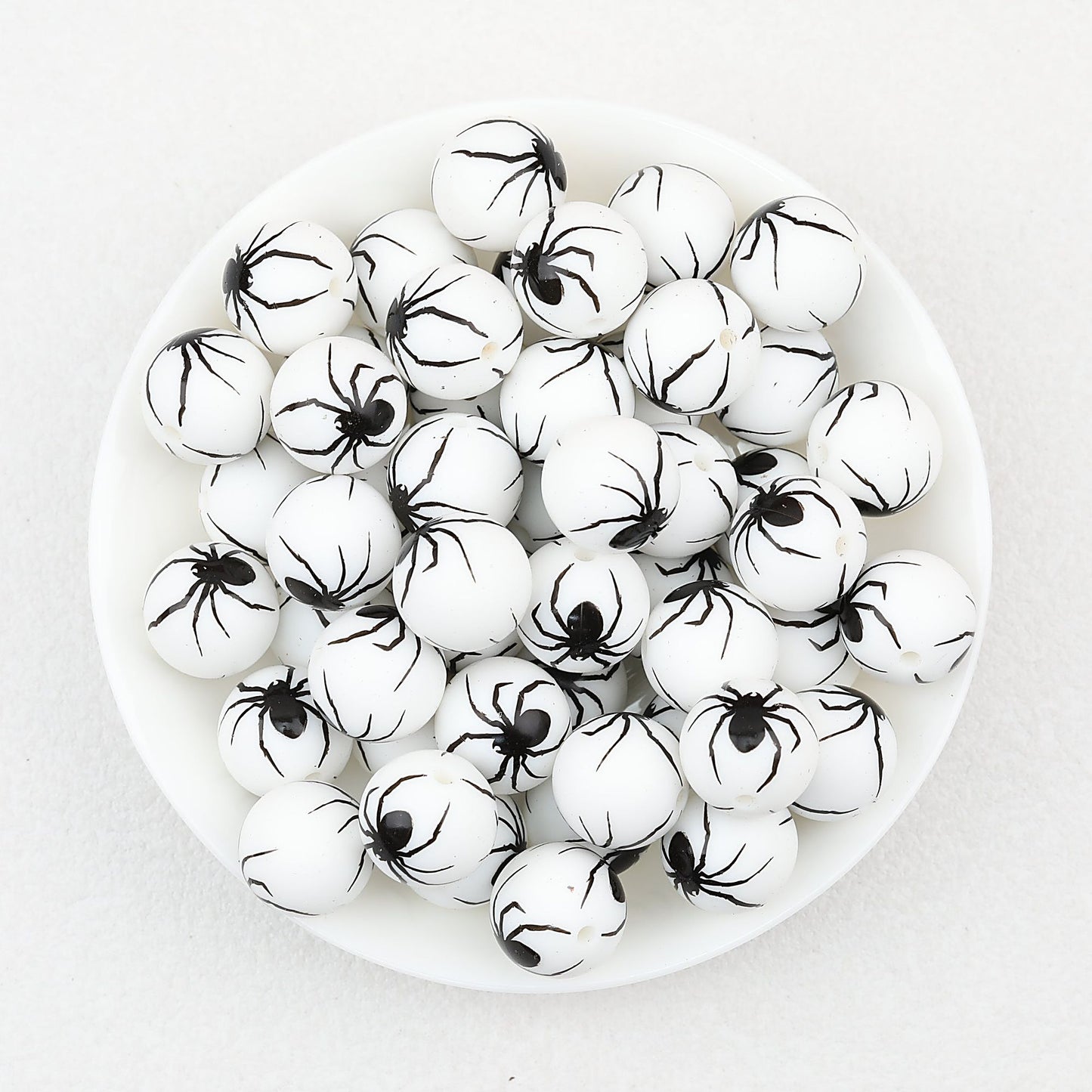 15mm Halloween Spider Web Printed Silicone Beads White Black 50pcs - Spider