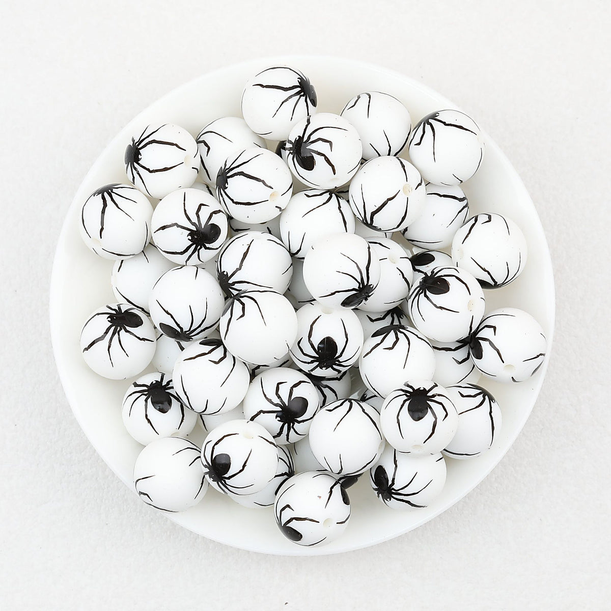 15mm Halloween Spider Web Printed Silicone Beads White Black 50pcs - Spider
