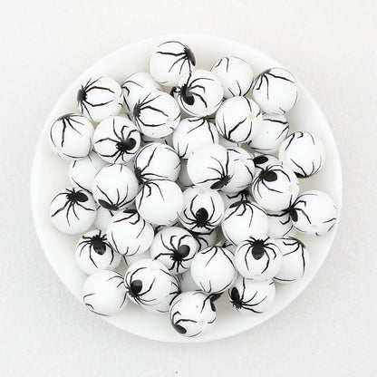 15mm Halloween Spider Web Printed Silicone Beads White Black 50pcs - Spider
