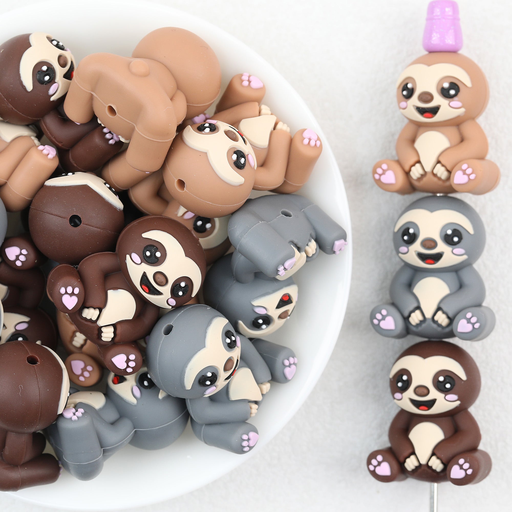 3D Sloth Silicone Focal Beads Wholesale, Baby Brown Gray Pink Paw Accents