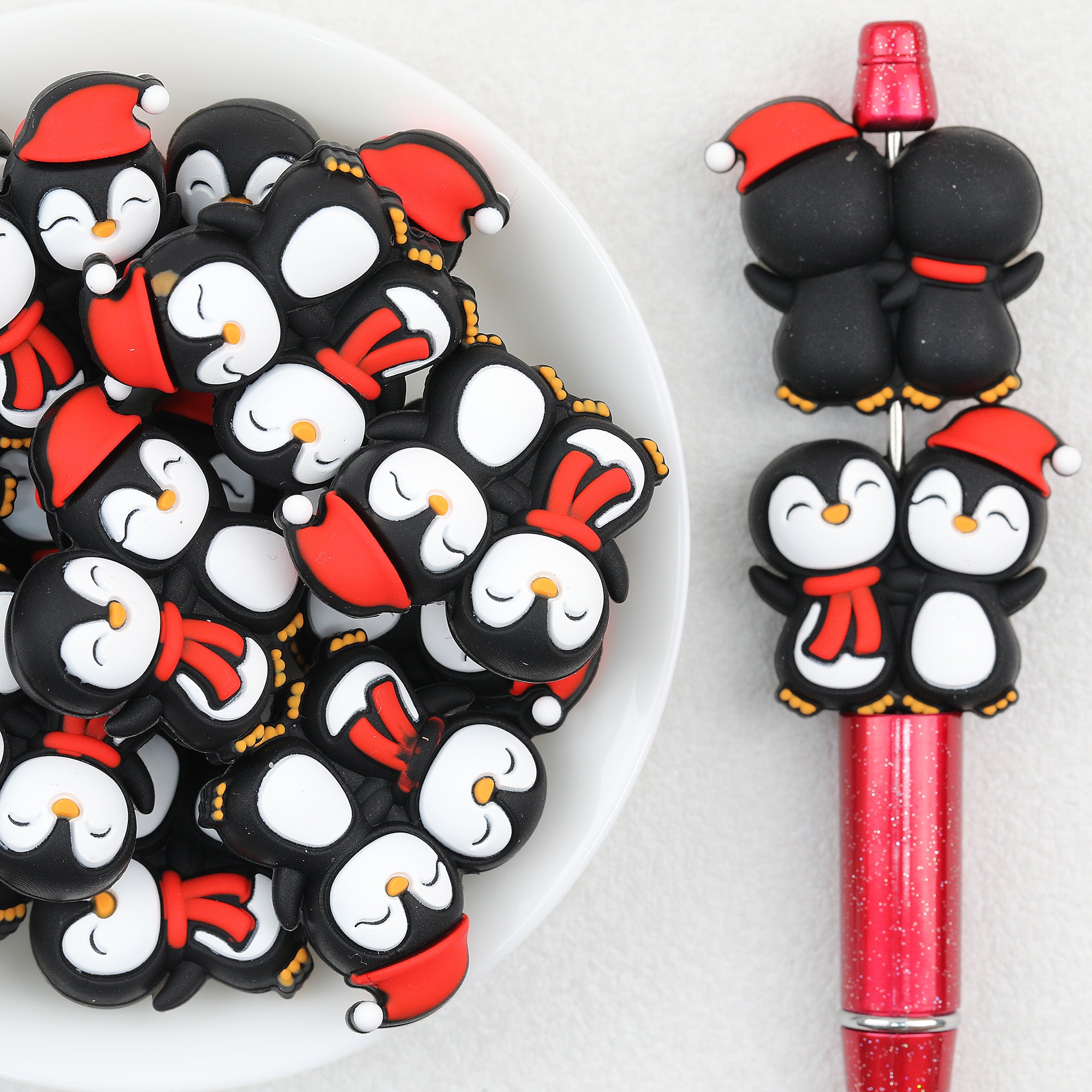 3D Cute Two Christmas Penguins Silicone Focal Beads