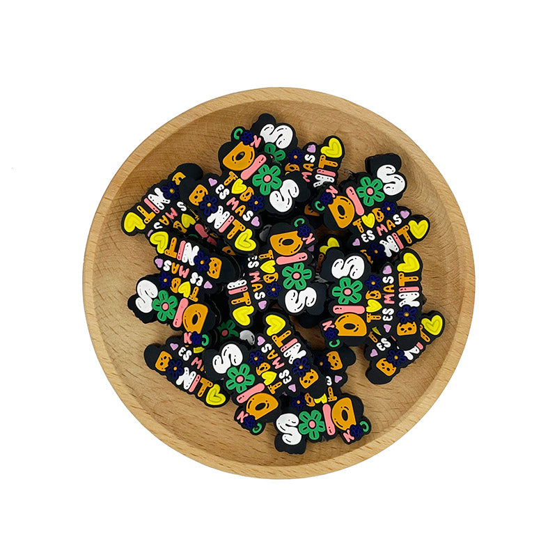 Silicone Focal Beads Colored Letters Black Base Hearts Flowers 20pcs 2