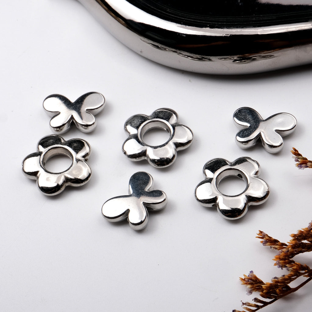 Plating Flower Butterfly Acrylic Beads 17-19mm Silver Metallic 100pcs