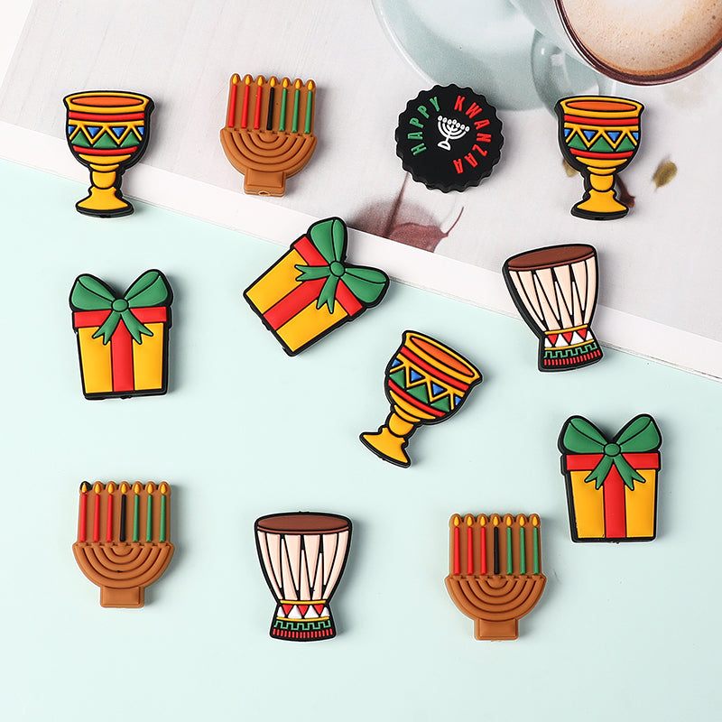 Silicone Focal Beads Kwanza Festival Candles Drums Gift Symbols 20pcs 3