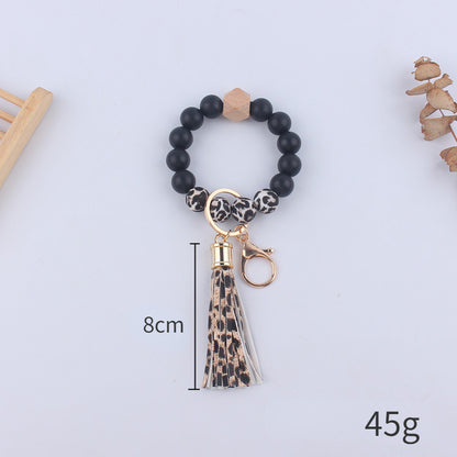 Leopard Print Silicone Bead Tassel Wristlet Keychain 5