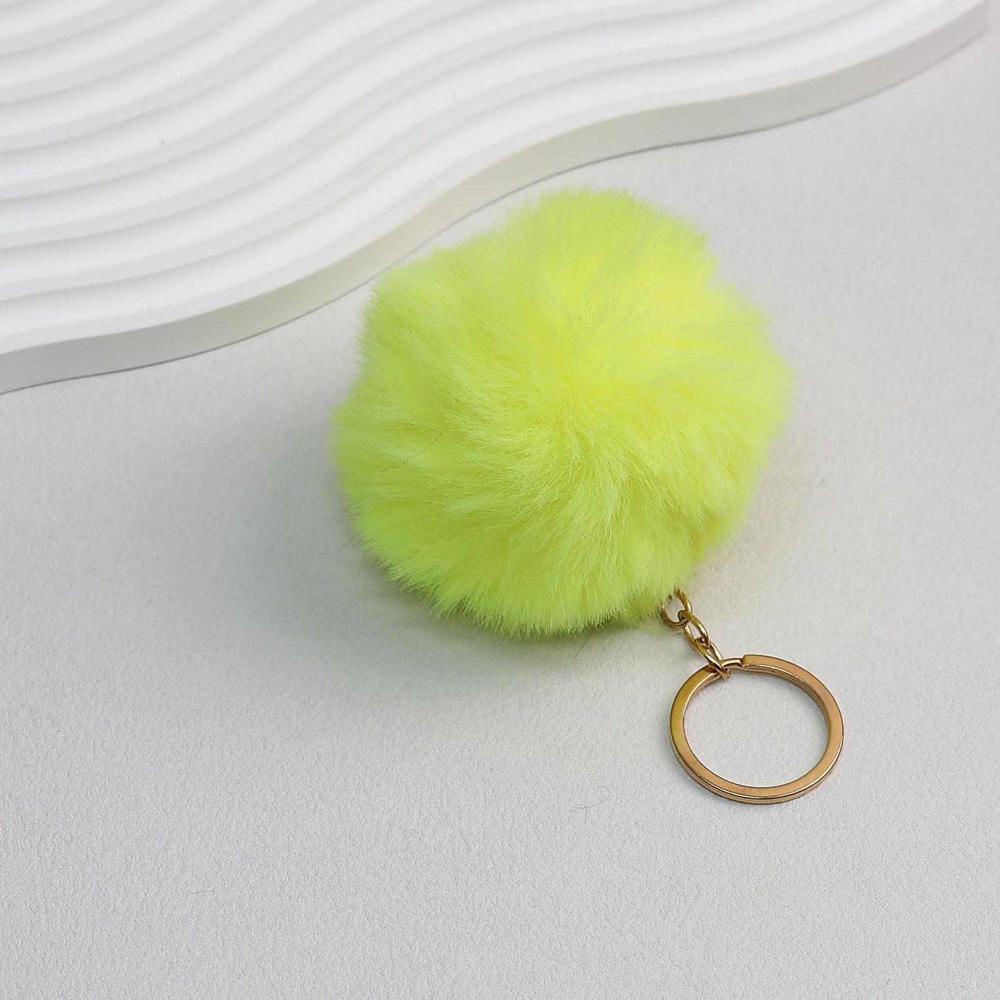 Pom Pom Keychain Plush Violet Faux Fur Ball Gold Ring 8cm - Yellow