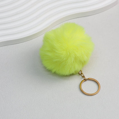 Pom Pom Keychain Plush Violet Faux Fur Ball Gold Ring 8cm - Yellow
