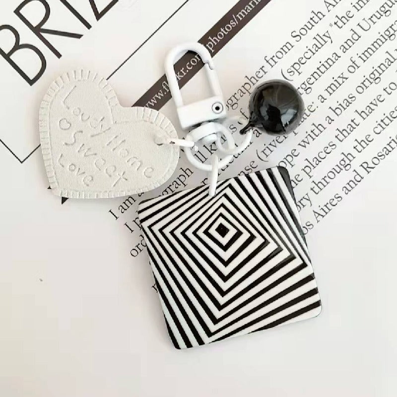 Cartoon Acrylic Plaid Striped Heart Leather Keychain Monochrome Design 11