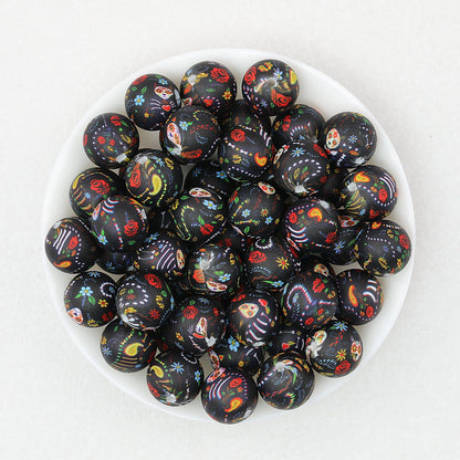 15mm Printed Floral Silicone Beads Multicolor Patterned 50pcs - Night Floral
