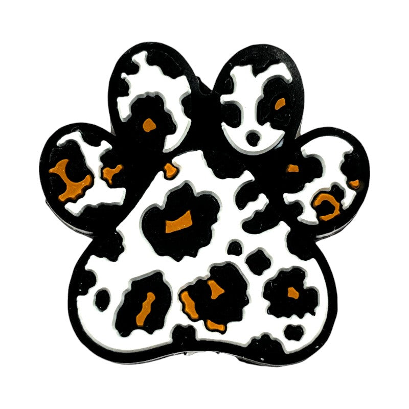 Silicone Focal Beads Dog Paw Leopard Pattern Black White Caramel 20pcs