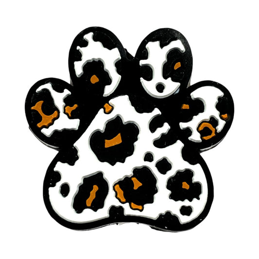 Silicone Focal Beads Dog Paw Leopard Pattern Black White Caramel 20pcs