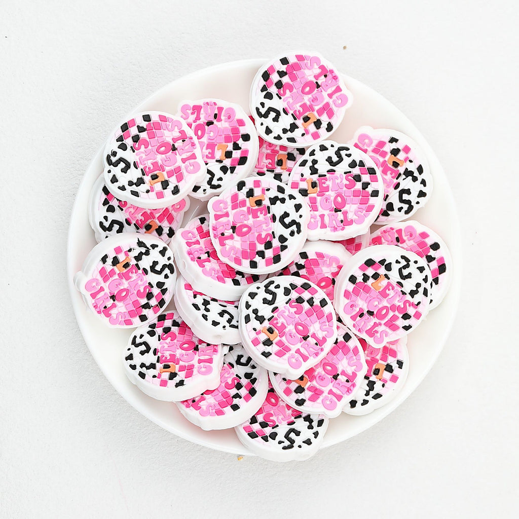 Silicone Focal Beads Lets Go Girls Pink Check Cow Print 20pcs