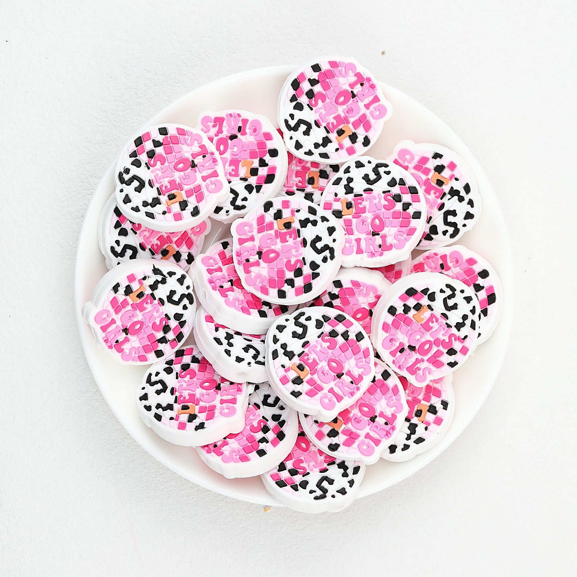 Silicone Focal Beads Lets Go Girls Pink Check Cow Print 20pcs
