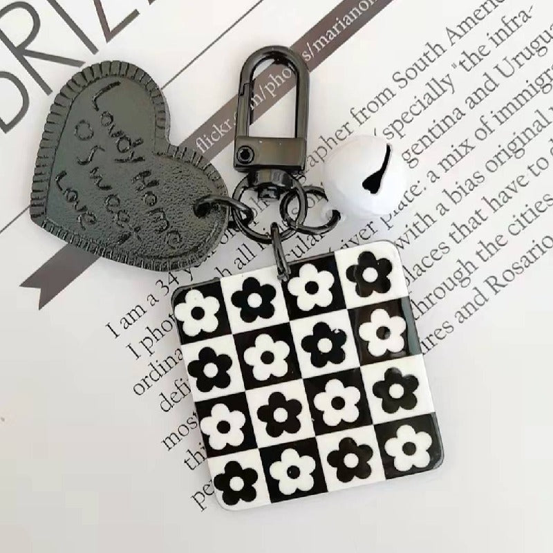 Cartoon Acrylic Plaid Striped Heart Leather Keychain Monochrome Design 8