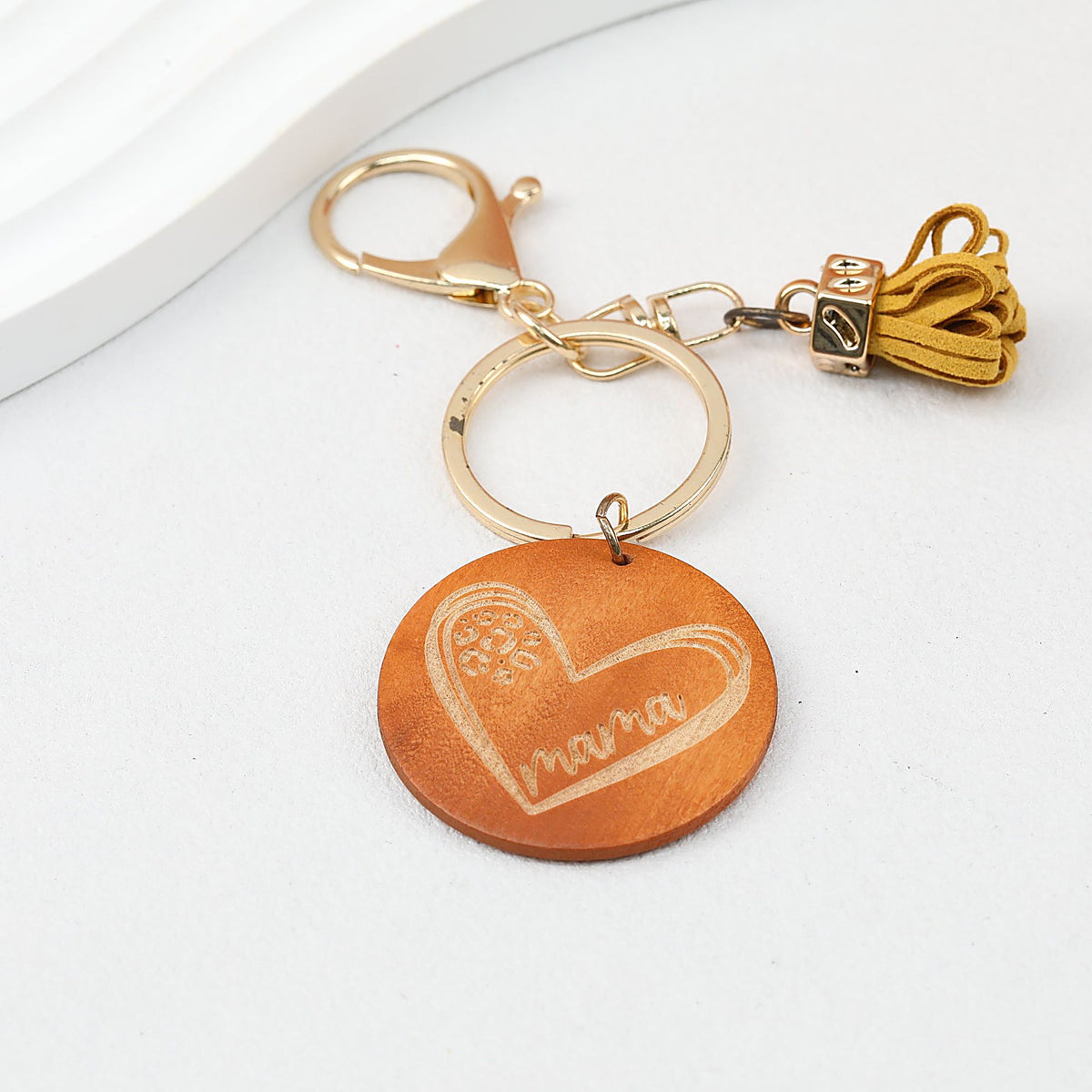 Wood Tassel Keychain Engraved Mama Heart Design Natural Pastel Colors - Coffee