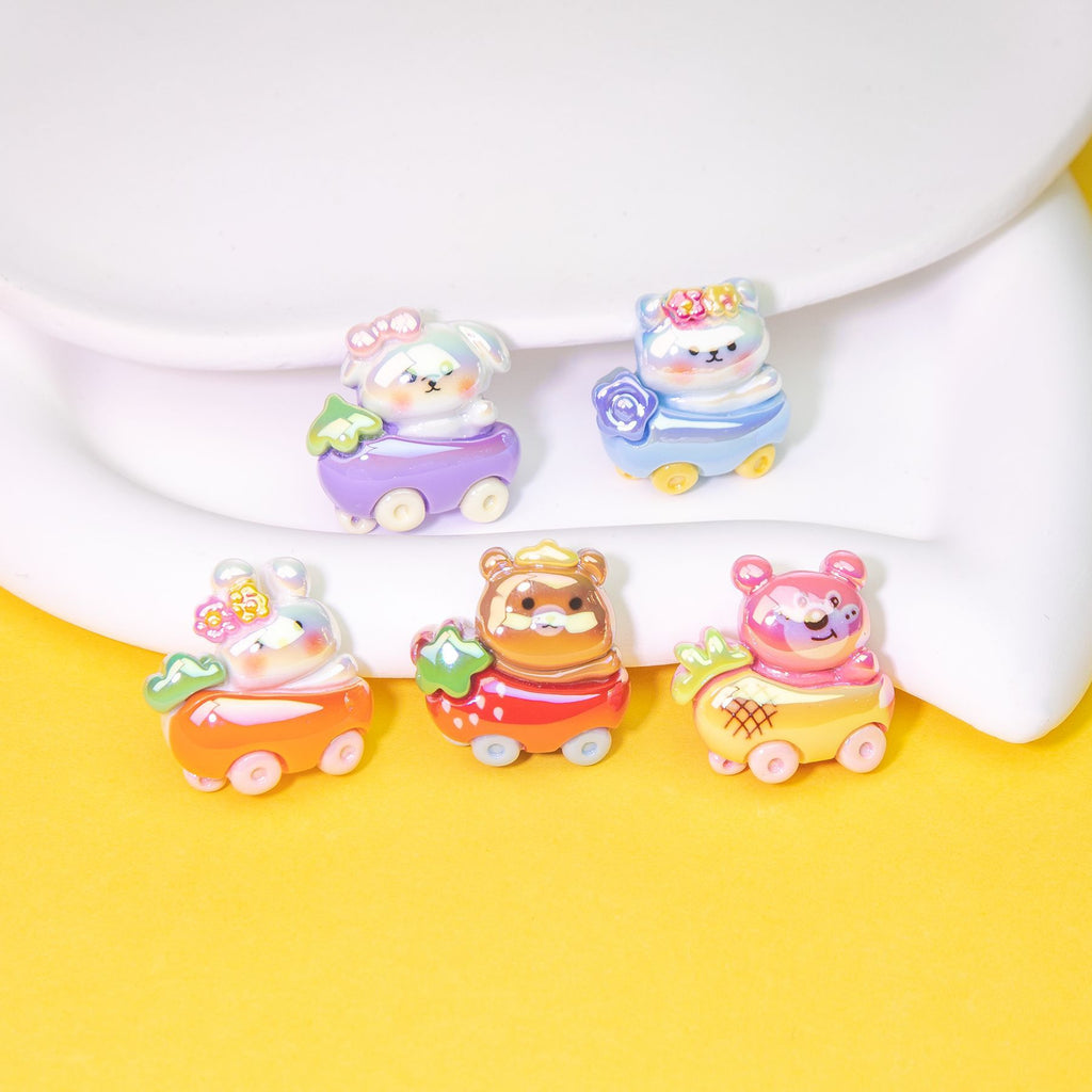 Cute Animal Driving Fruit Cart Resin Beads Glossy Mixed 10pcs 3