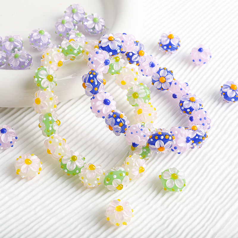 Colorful 14mm Floral Round Glass Beads with 2mm Hole 10pcs