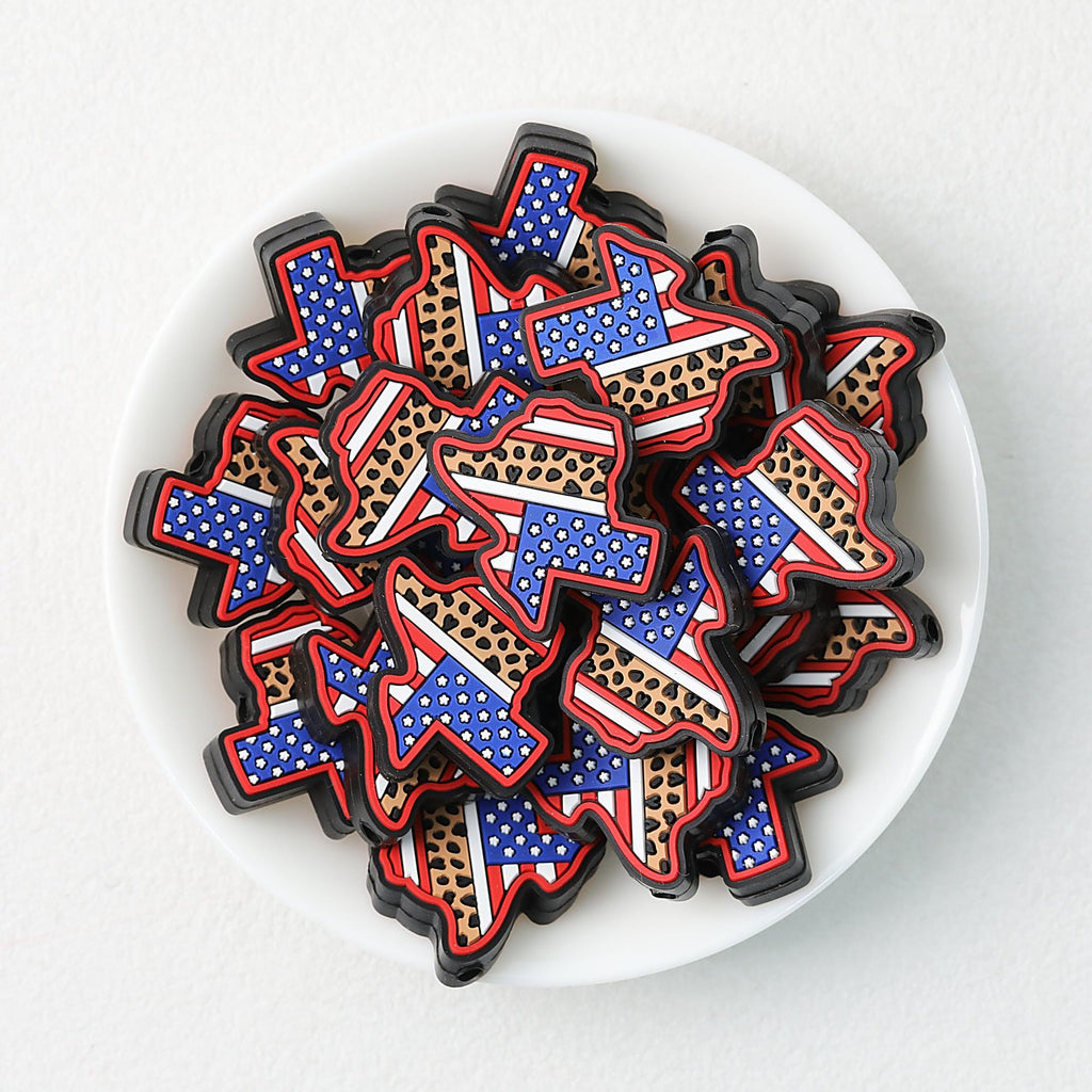 Independence Day Texas Shape Leopard Print Silicone Focal Beads 20pcs