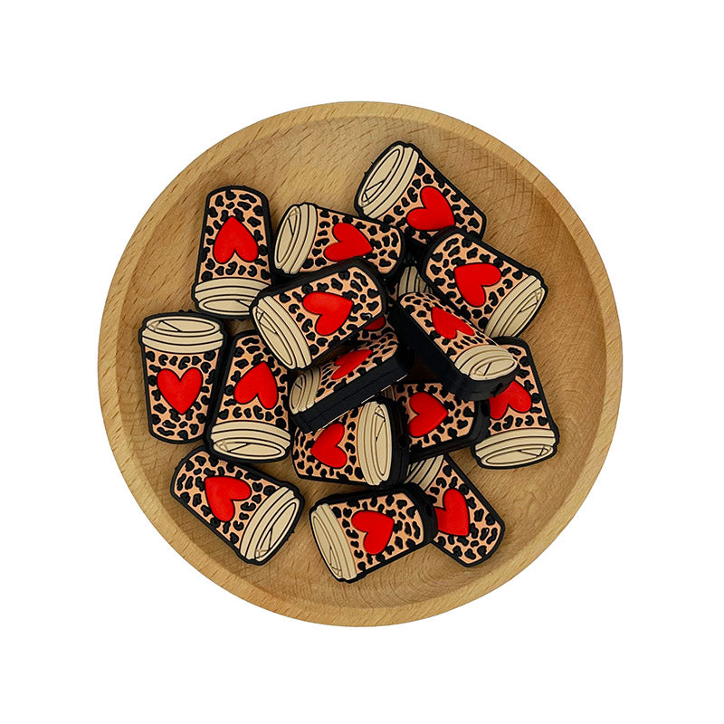 Silicone Focal Beads Love Milk Tea Cup Bold Red Heart Leopard Print 20pcs 2