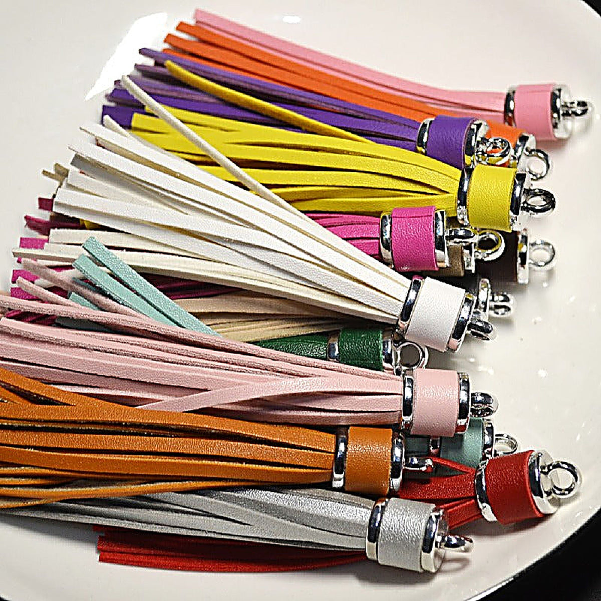 Silver PU Leather Tassel Keychain Metallic 9cm Length