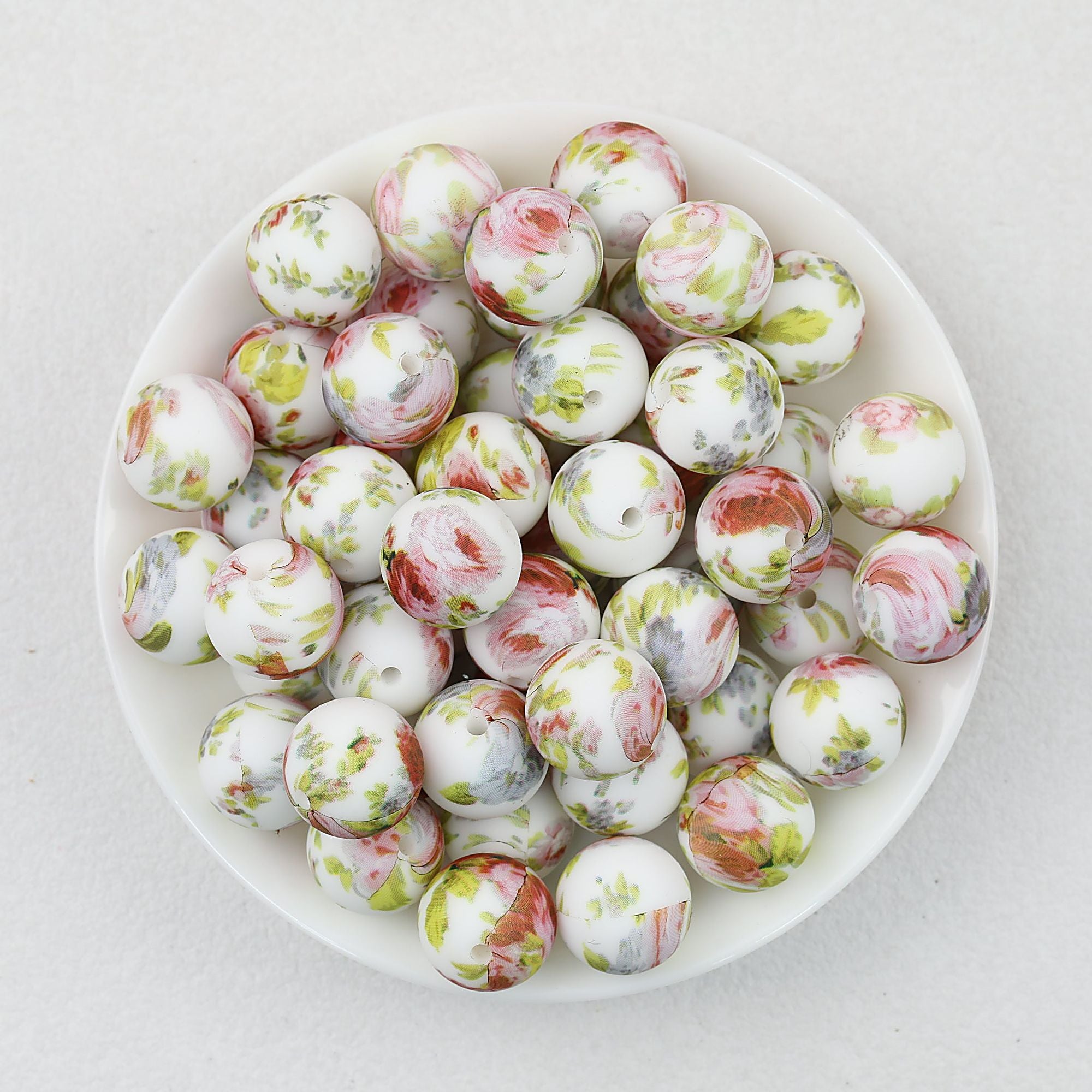 Floral Pattern 15mm Silicone Beads Light Color Printed Design 50pcs - Pink Rose