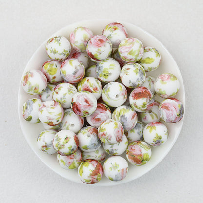 Floral Pattern 15mm Silicone Beads Light Color Printed Design 50pcs - Pink Rose