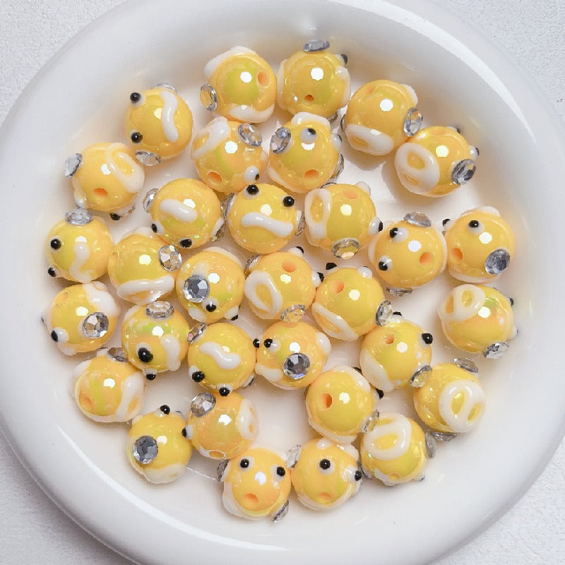Hand Painted Rhinestone Flower Acrylic Round Beads 16mm 5pcs 12