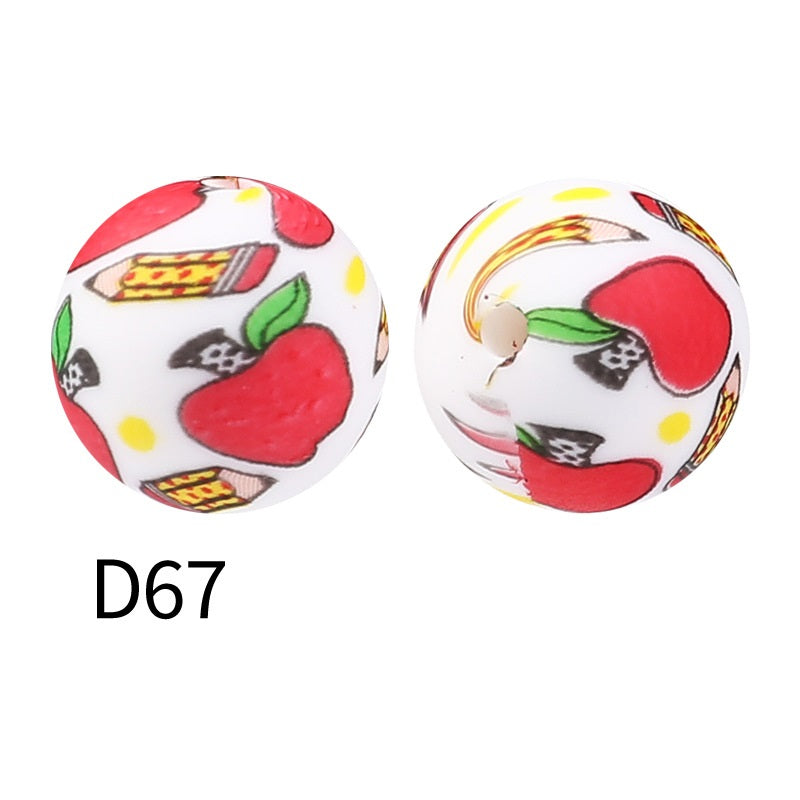 50Pcs 15mm Colored pattern printed silicone beads 69