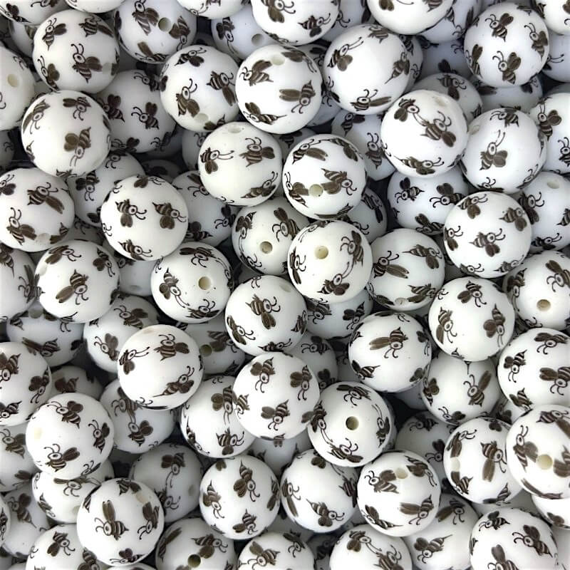 15mm Silicone Beads Bees Print Orange Yellow White 50pcs 3