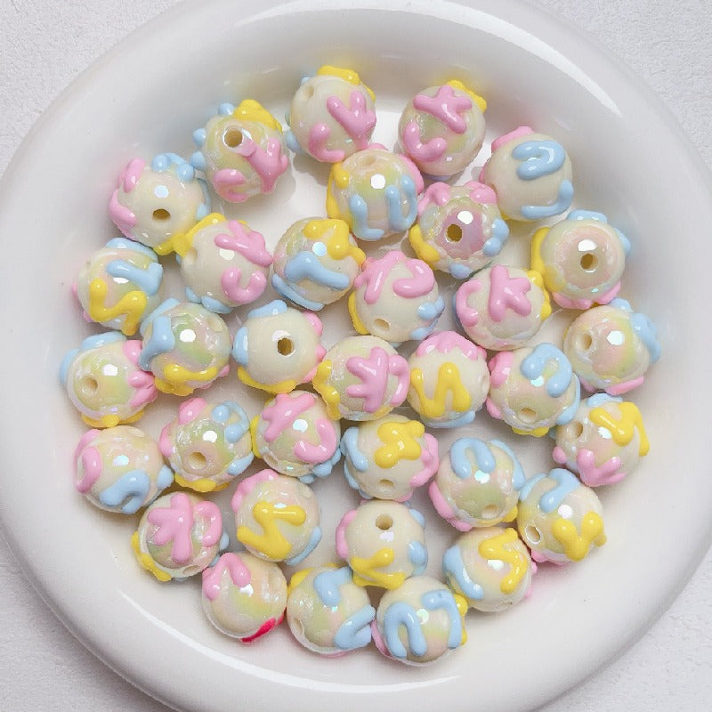 Hand Painted Rhinestone Flower Acrylic Round Beads 16mm 5pcs 15