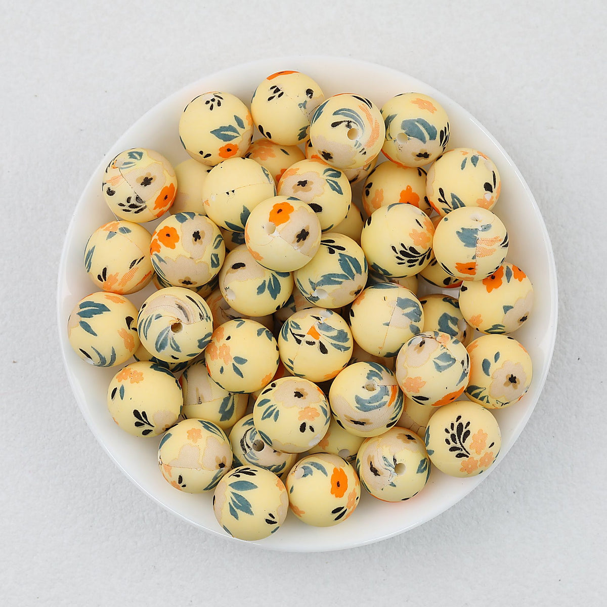 15mm Floral Printed Silicone Round Beads Soft Pastel Color 50pcs - Floral Wall