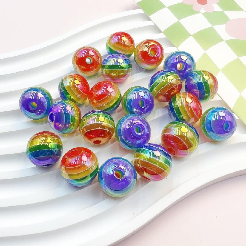 Striped Rainbow Acrylic Beads 16mm Glossy Round 10pcs 6
