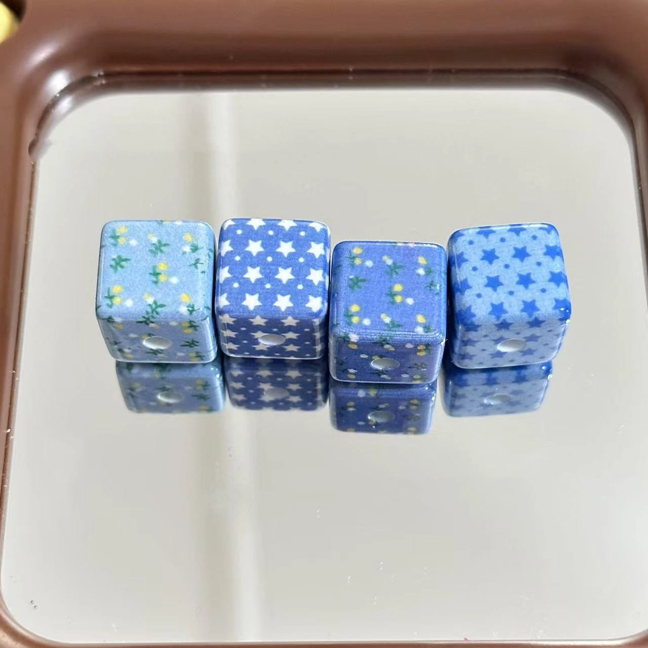 Fresh Denim Blue Star and Flower Printed Acrylic Square Beads 16mm 10pcs