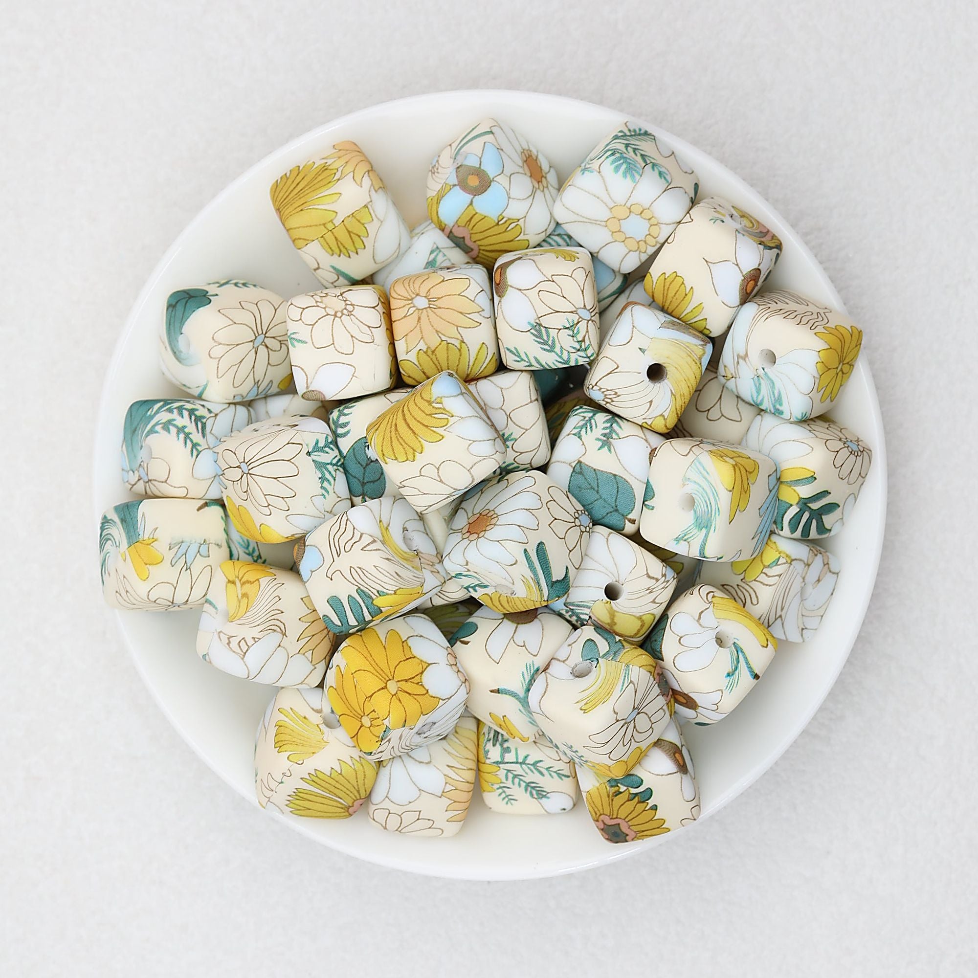 Floral Pattern 13.5mm Square Silicone Beads Printed Design 50pcs - Style 1