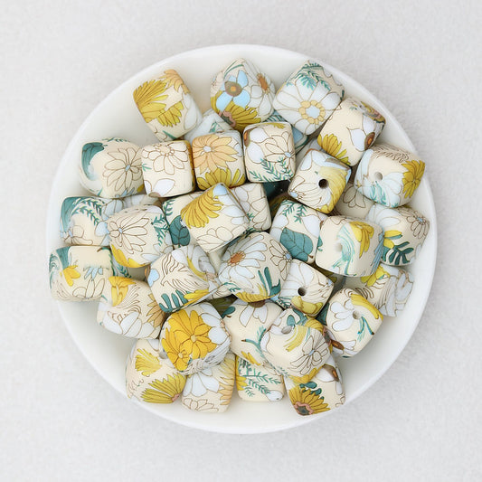 Floral Pattern 13.5mm Square Silicone Beads Printed Design 50pcs - Style 1