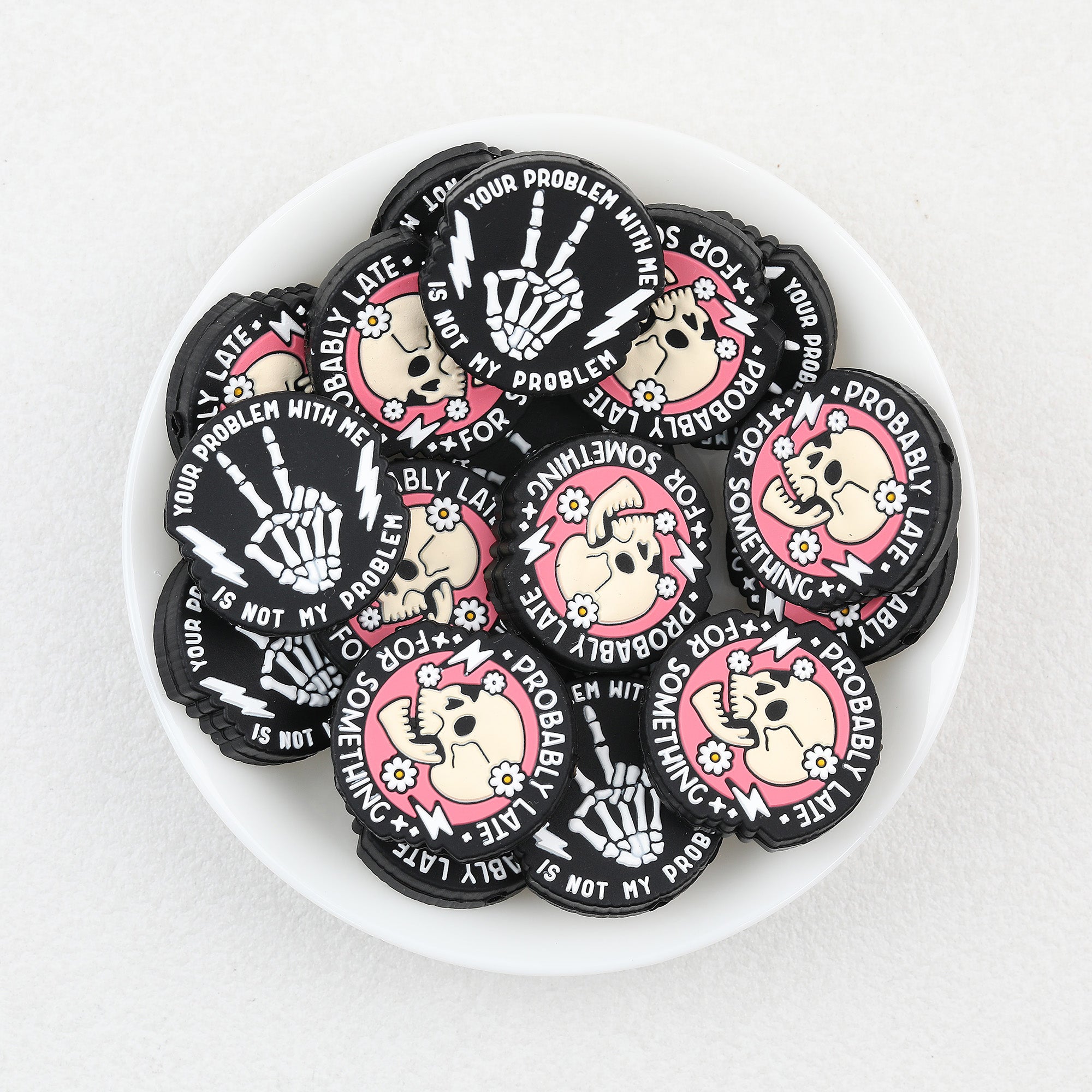 Pink Skull Hand Silicone Focal Beads Wholesale, Halloween Skeleton Finger Flat Design