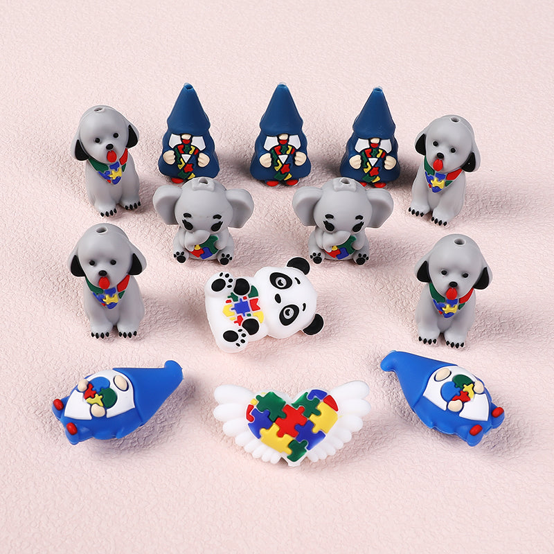 Silicone 3D Focal Beads Autism Pet Love Puzzle Pattern Puppies Panda